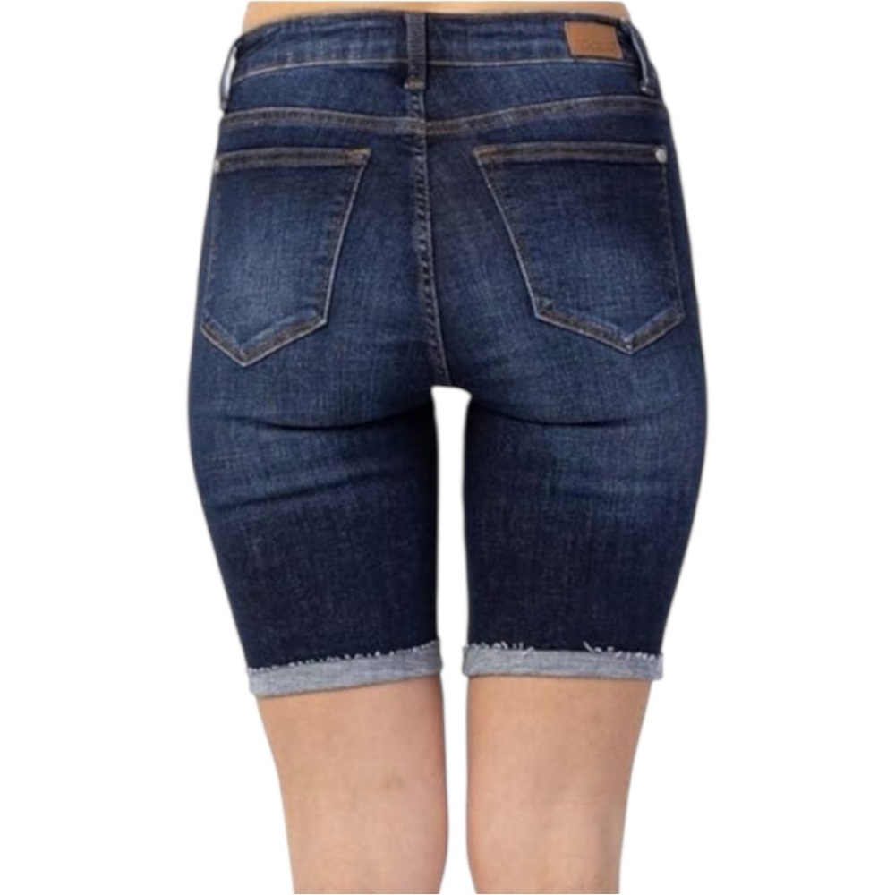 Judy Blue Patch Destroyed Dark Denim Bermuda Jean Shorts - Picture 2 of 5